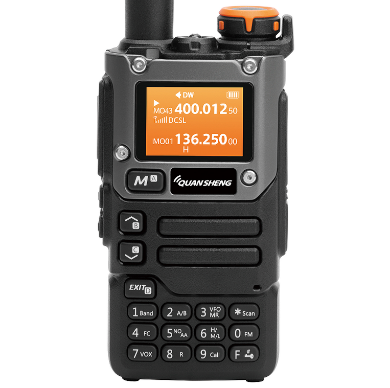 Full view of a black two-way radio with antenna