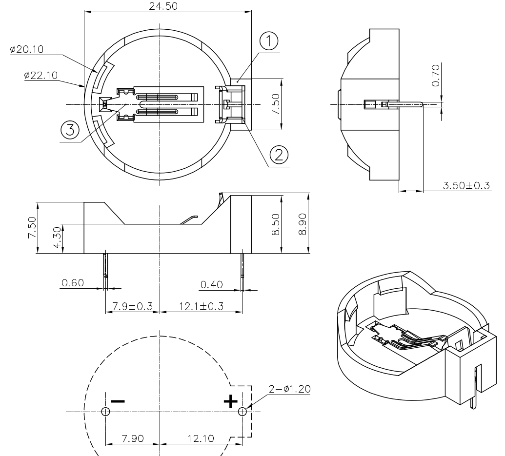 CR2032 Battery holder THT version as schematic representation of the dimensions