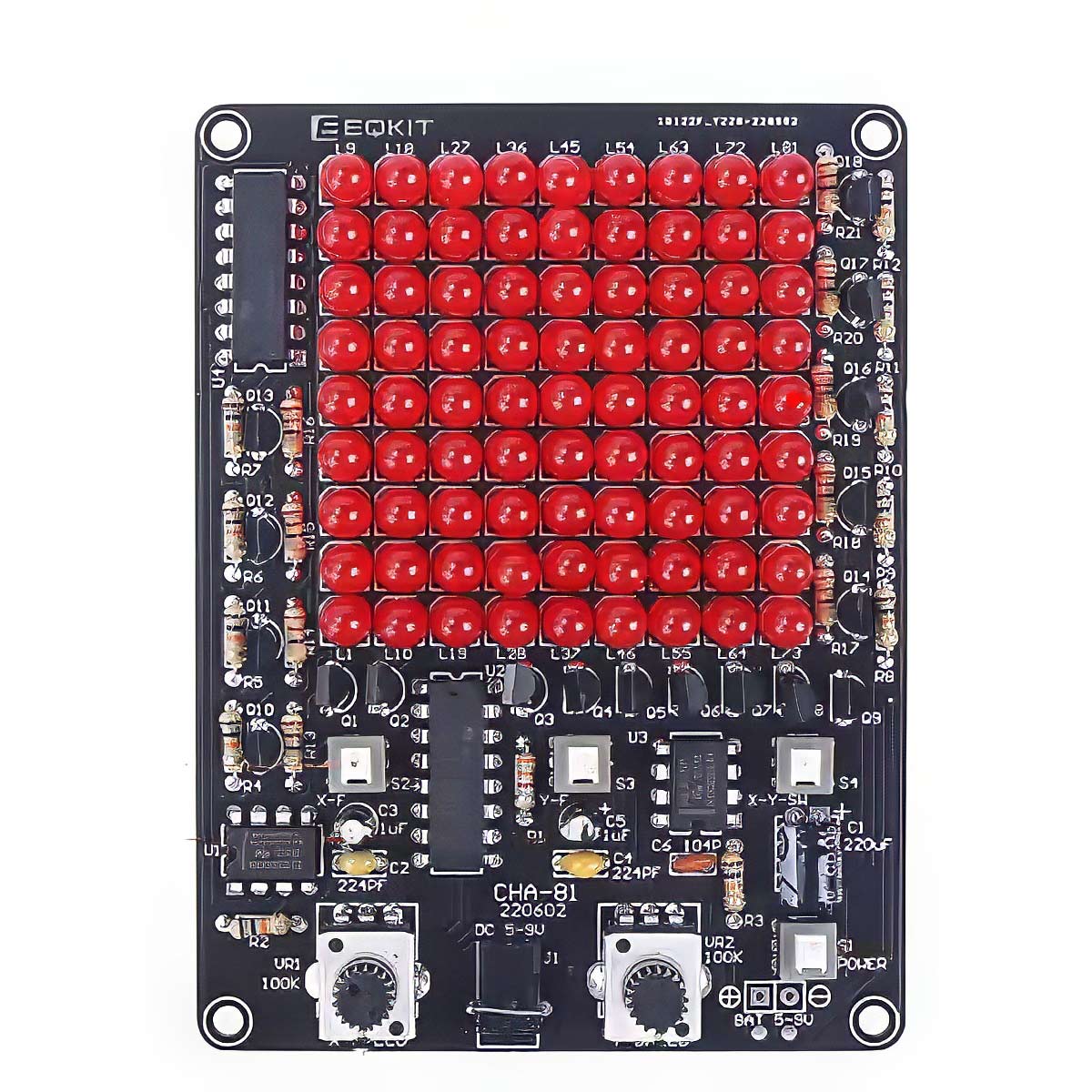 Fertig gelöteter CHA-81 LED-Spiel Lötbausatz mit 9×9 LED-Matrix aus 81 roten High-Brightness-LEDs, Potentiometern, Tastern und DC-Anschluss auf schwarzer Platine