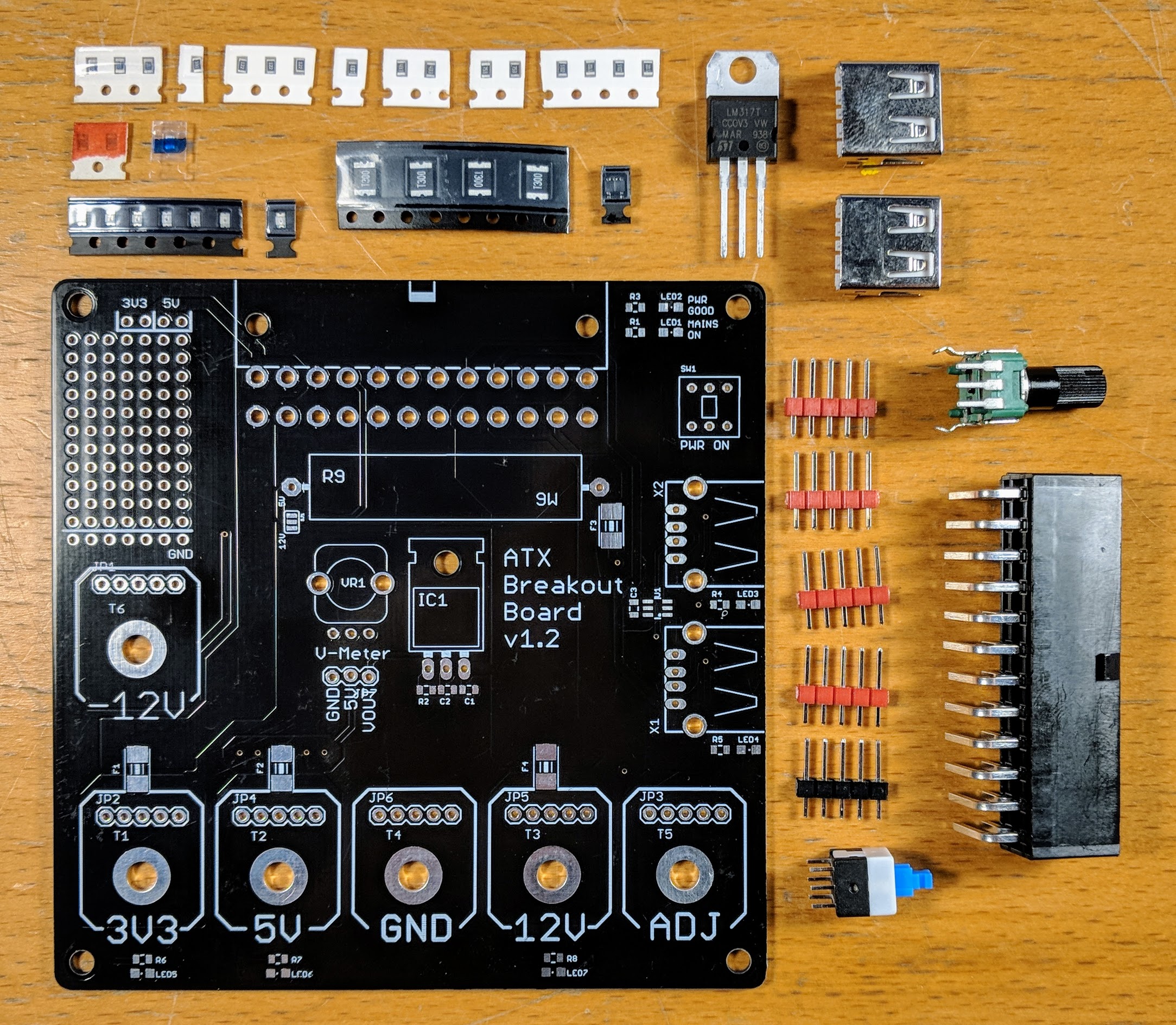 The ATX breakout board with all individual parts and the pcb in the overview