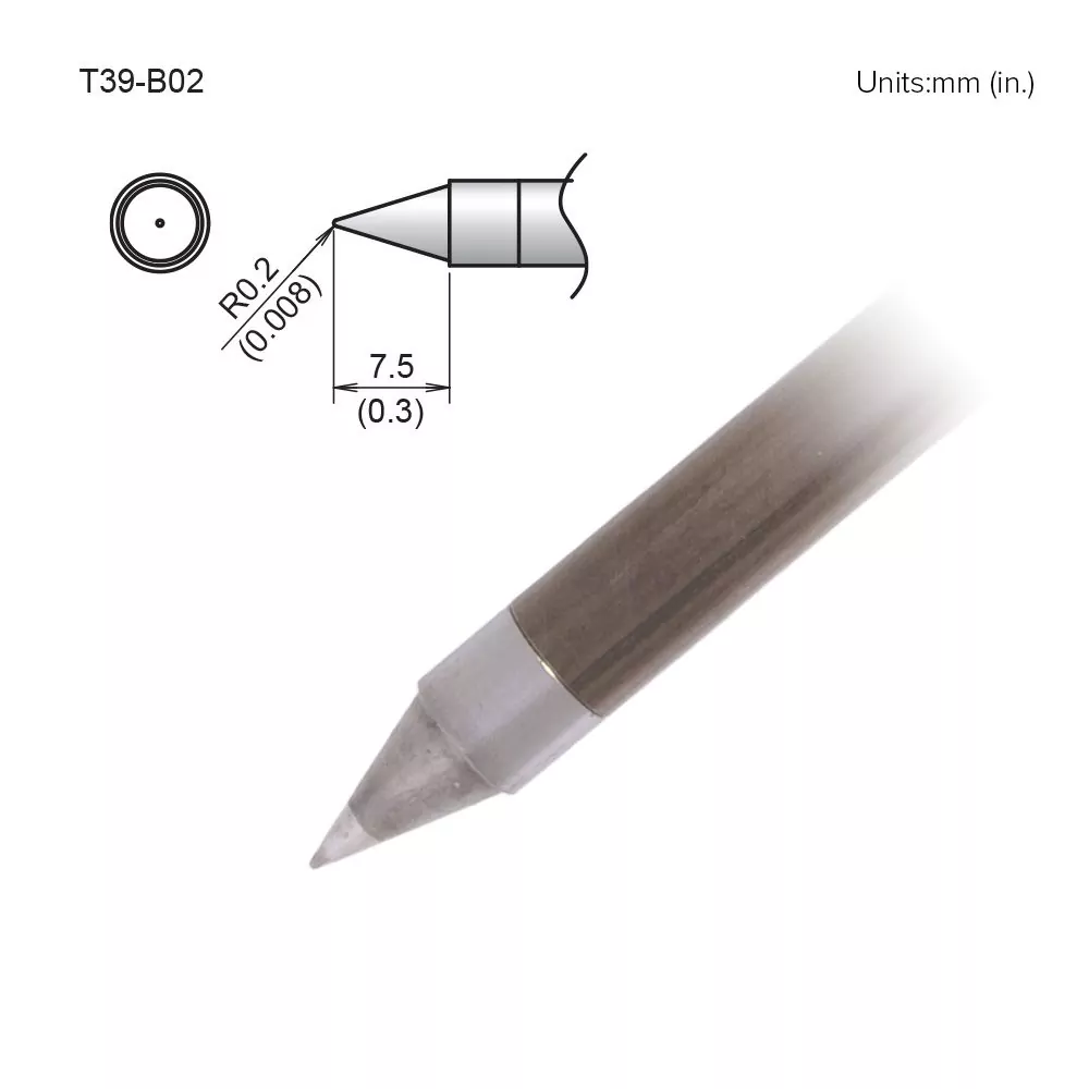 Hakko T39-B02 conical soldering tip from side with technical drawing and 0.2mm radius