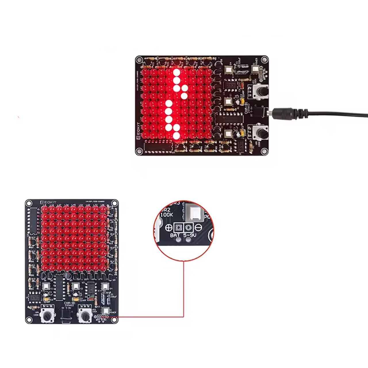 CHA-81 LED-Spiel Lötbausatz in Betrieb mit leuchtendem Lauflicht-Muster in der 81-LED-Matrix, Netzanschluss und Detailansicht der BAT 5–9V Lötpads für Akkubetrieb