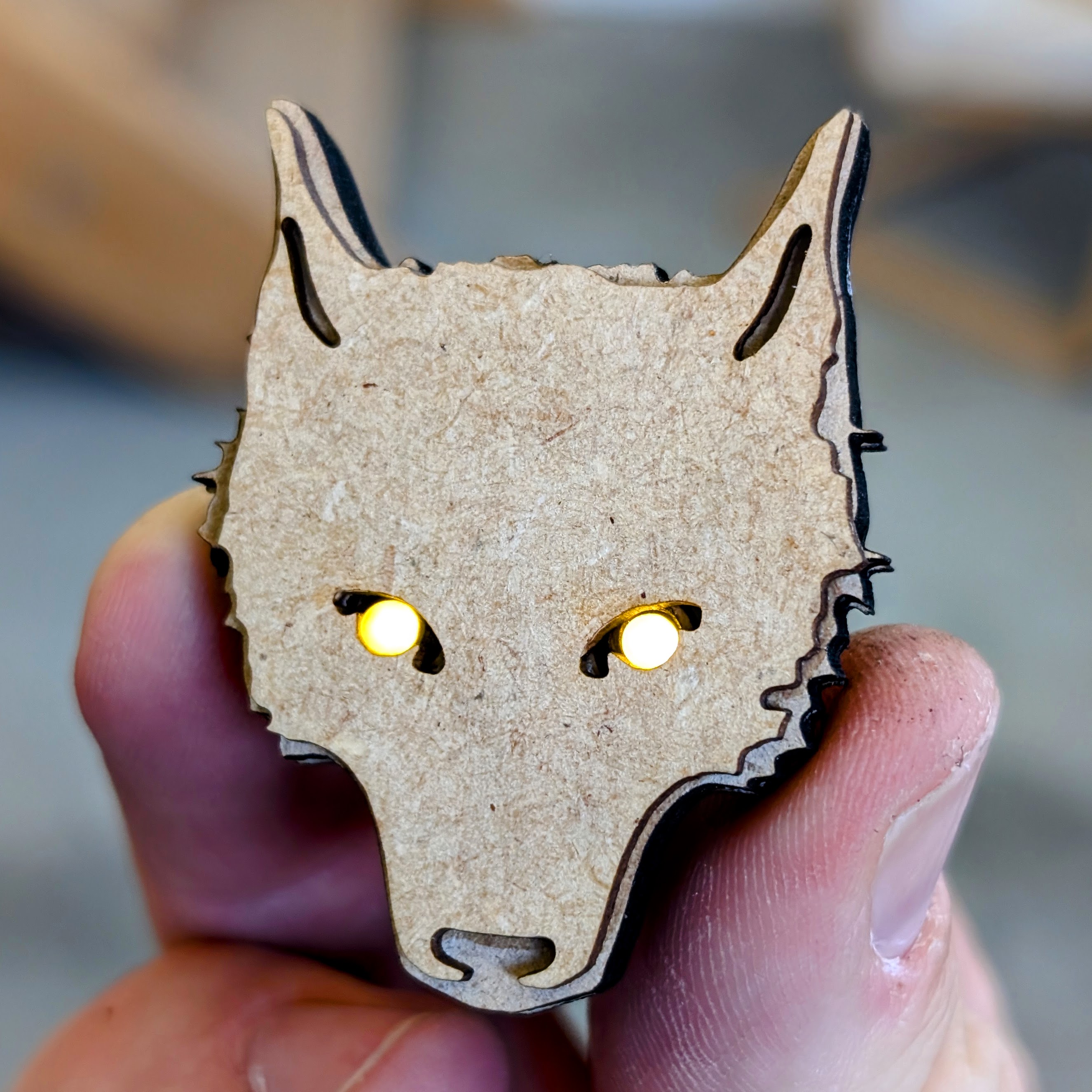 LED Wolf kit – front view with orange glowing LED eyes