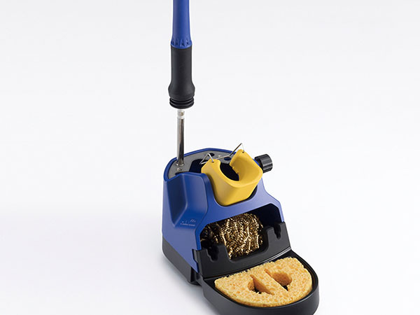Yellow U-shaped soldering iron holder with brass wire sponge and yellow sponge