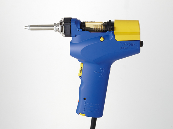 Hakko FR-301 desoldering gun in royal blue with yellow cap and silver desoldering nozzle