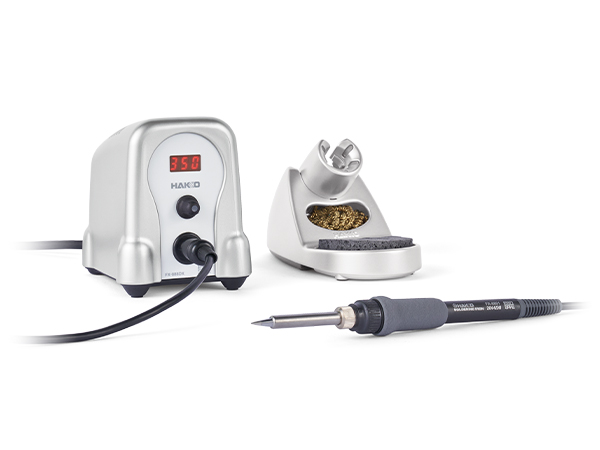 Hakko FX-888DX soldering station with silver-gray casing red display showing 350