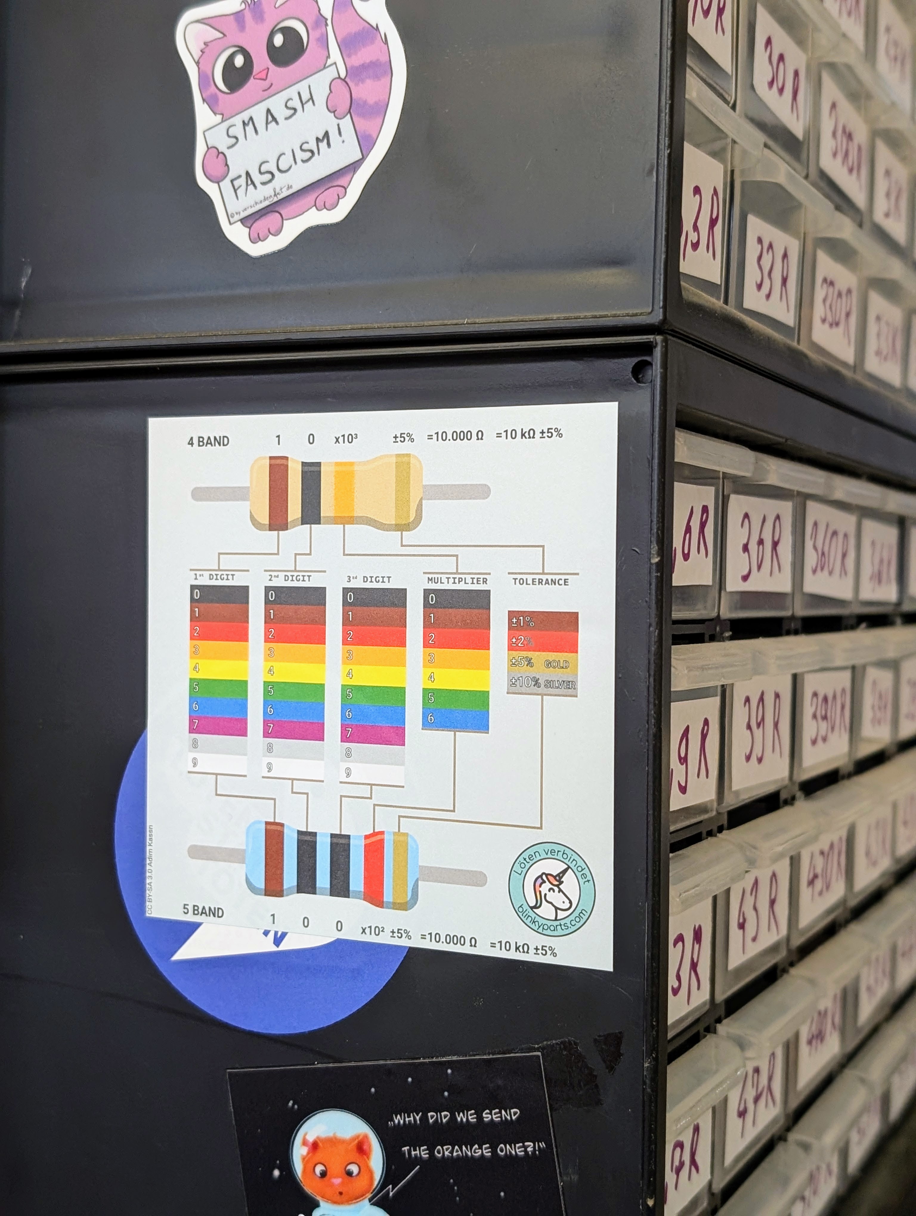 Resistor color code sticker set – electronics hobby accessories Resistor color code sticker affixed at an angle next to other electronics stickers, perfect for workshops and hobby areas