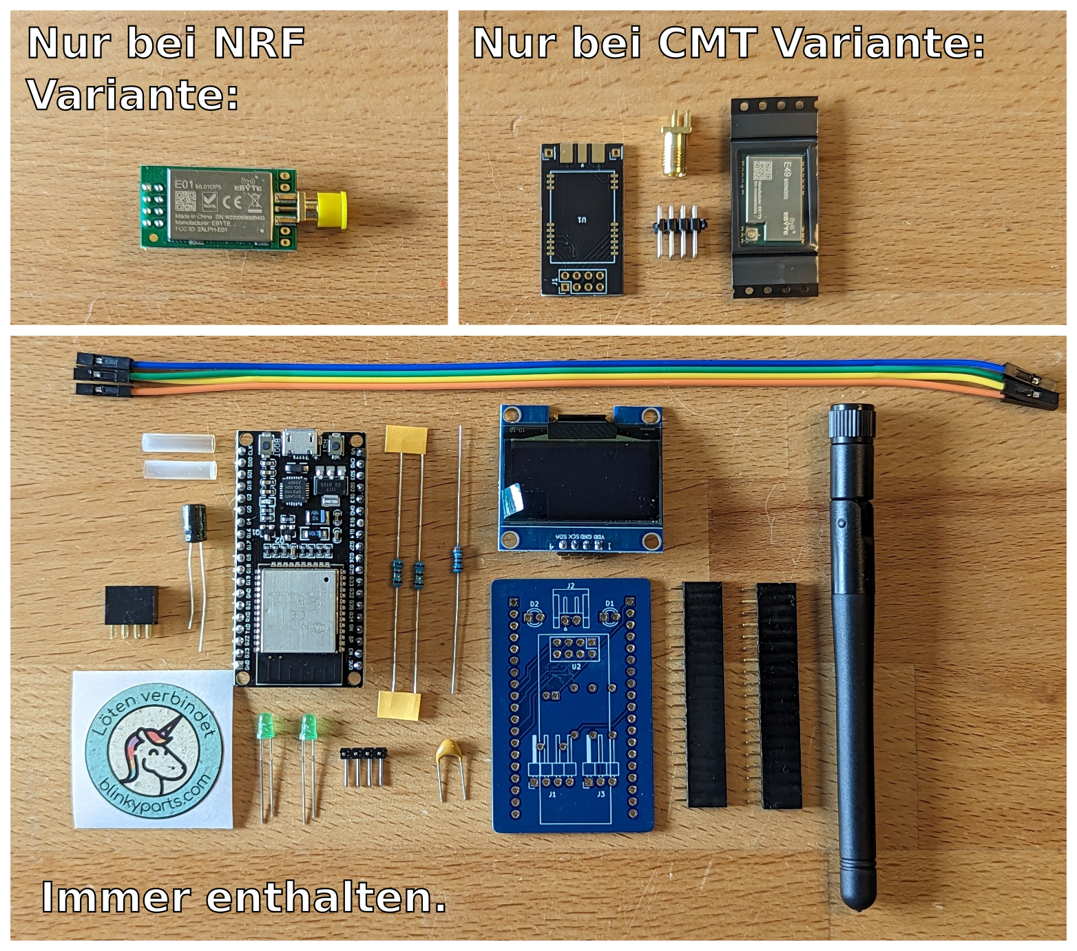 OpenDTU – overview of all components OpenDTU kit – all components laid out before assembly