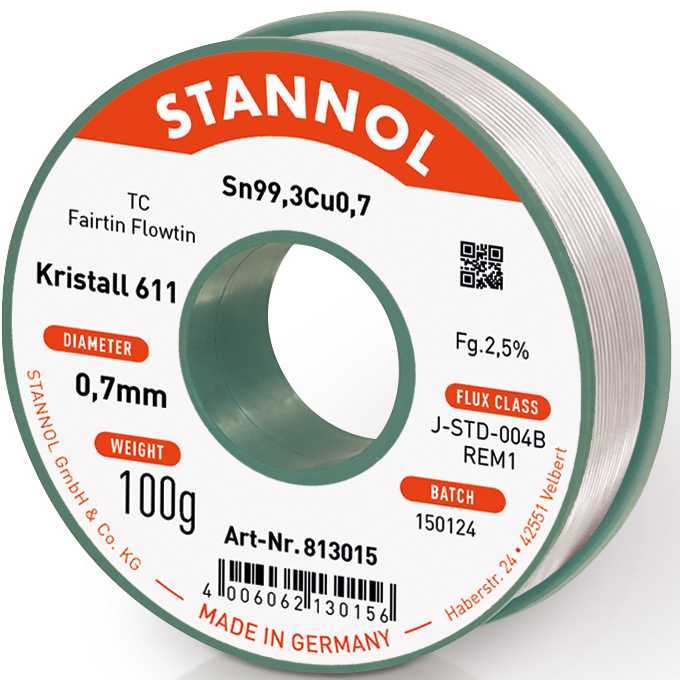 Stannol Solder Wire Crystal-611 Sn99.3Cu0.7 100g Spool 0.7mm Diameter