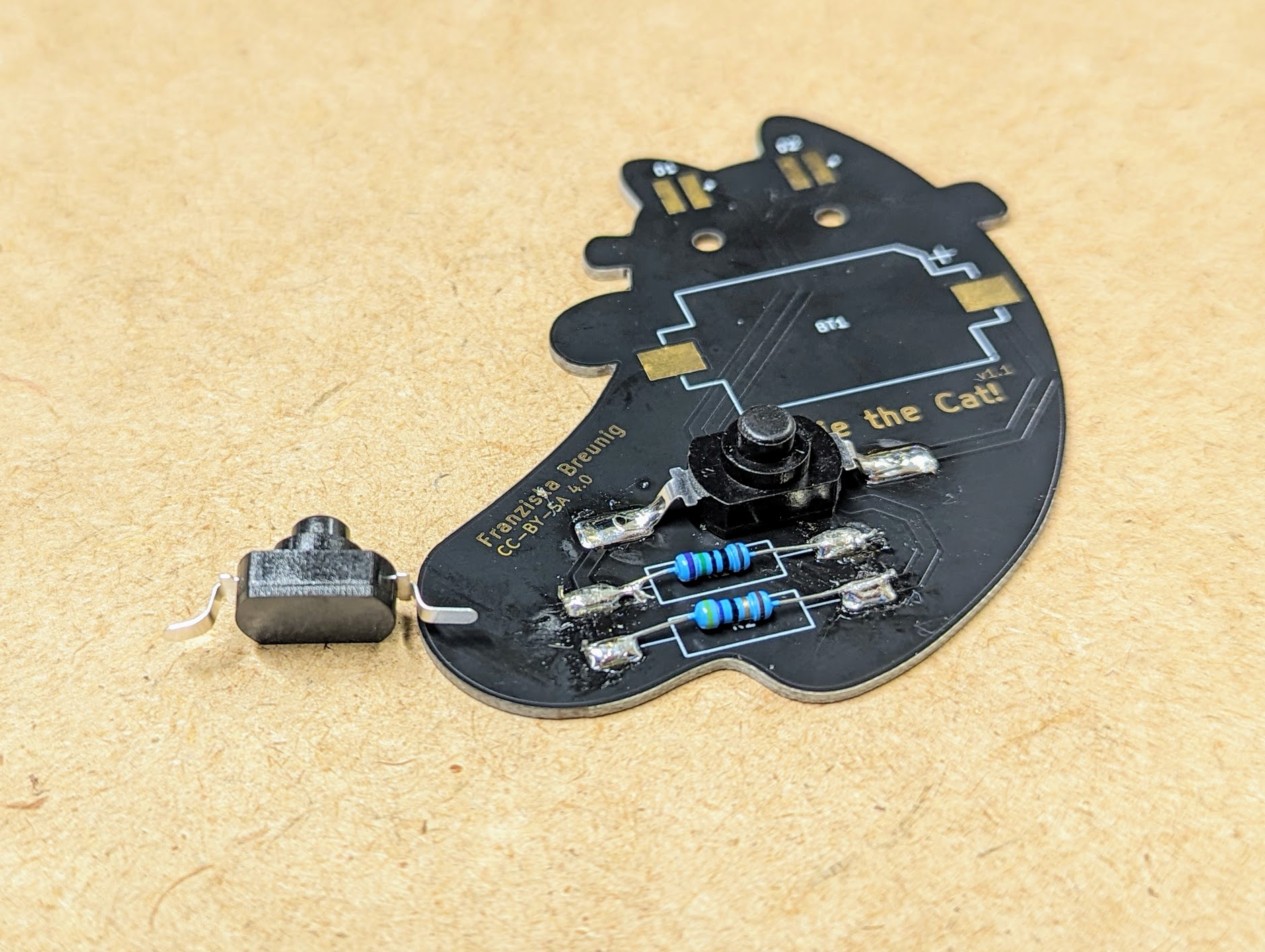 Katie the Cat kit – partially soldered PCB, angled rear view