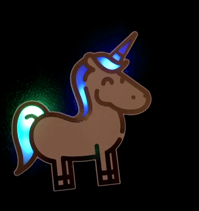 Unicorn kit – animation showing RGB LEDs glowing in tail, mane and horn