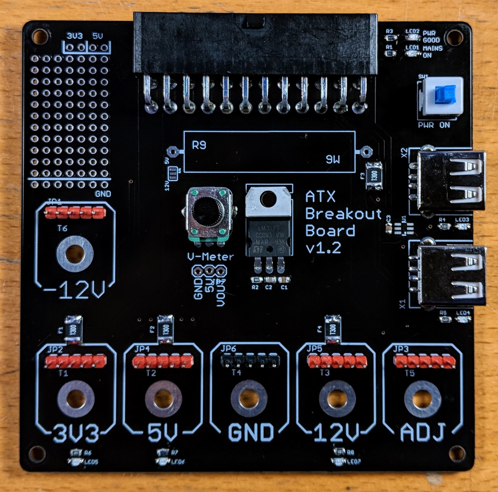 The ATX breakout board soldering kit fully soldered from the front