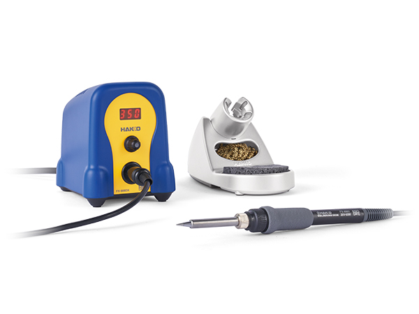 Hakko FX-888DX soldering station with royal blue casing and yellow front panel display showing 350