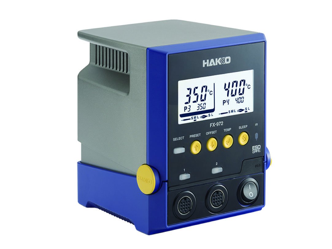 Hakko FX-972 soldering station with dark blue front panel LCD display showing 350°C and 400°C for both channels