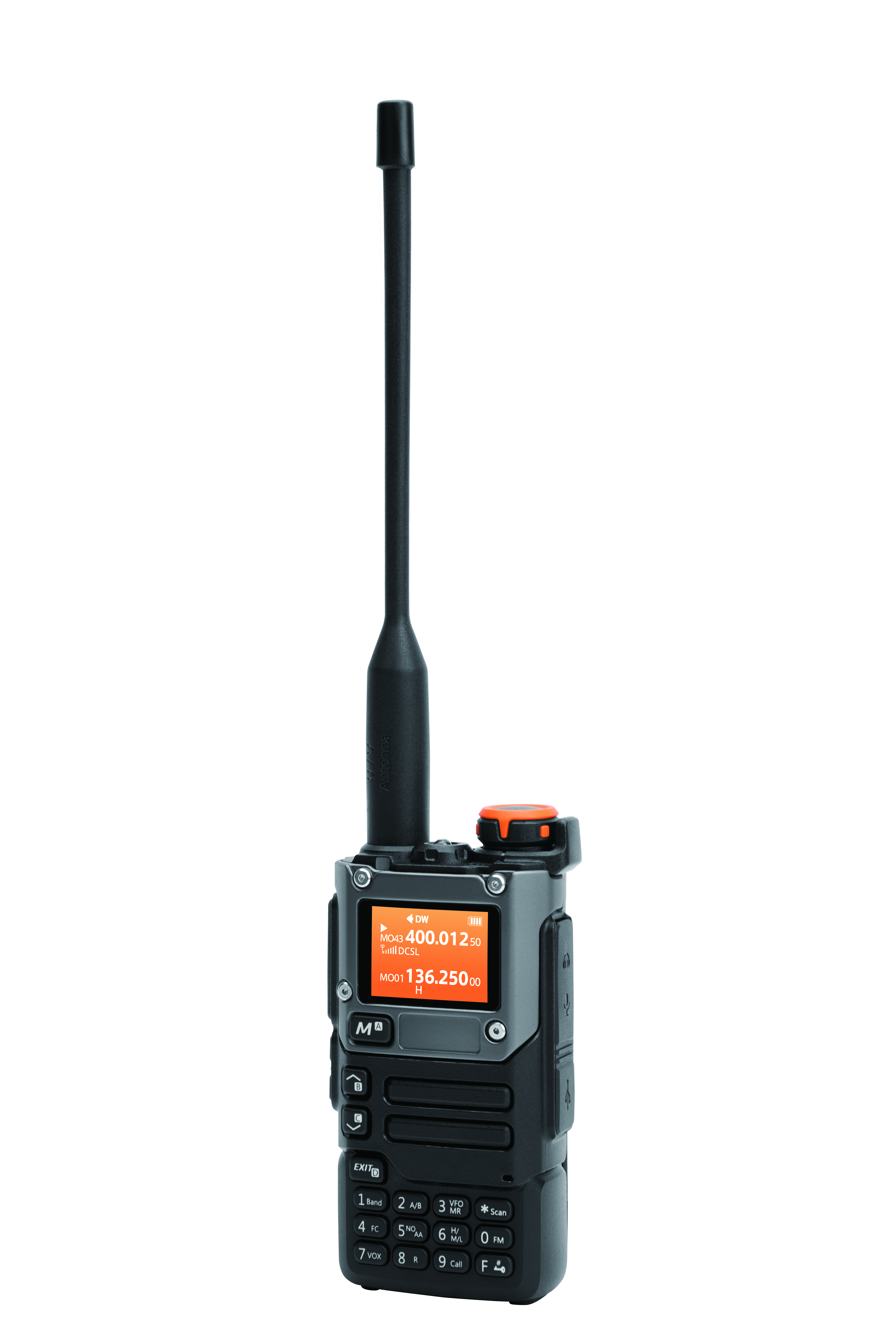 Full view of a black two-way radio with antenna