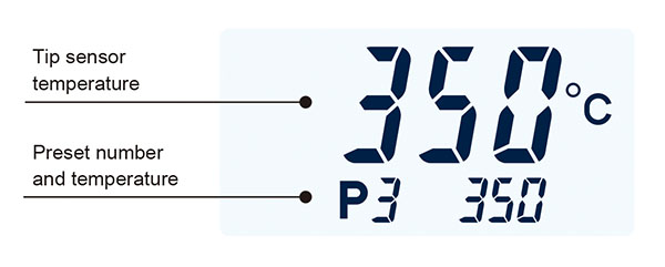 Temperature display 350°C and settings on the LCD display of FX-971