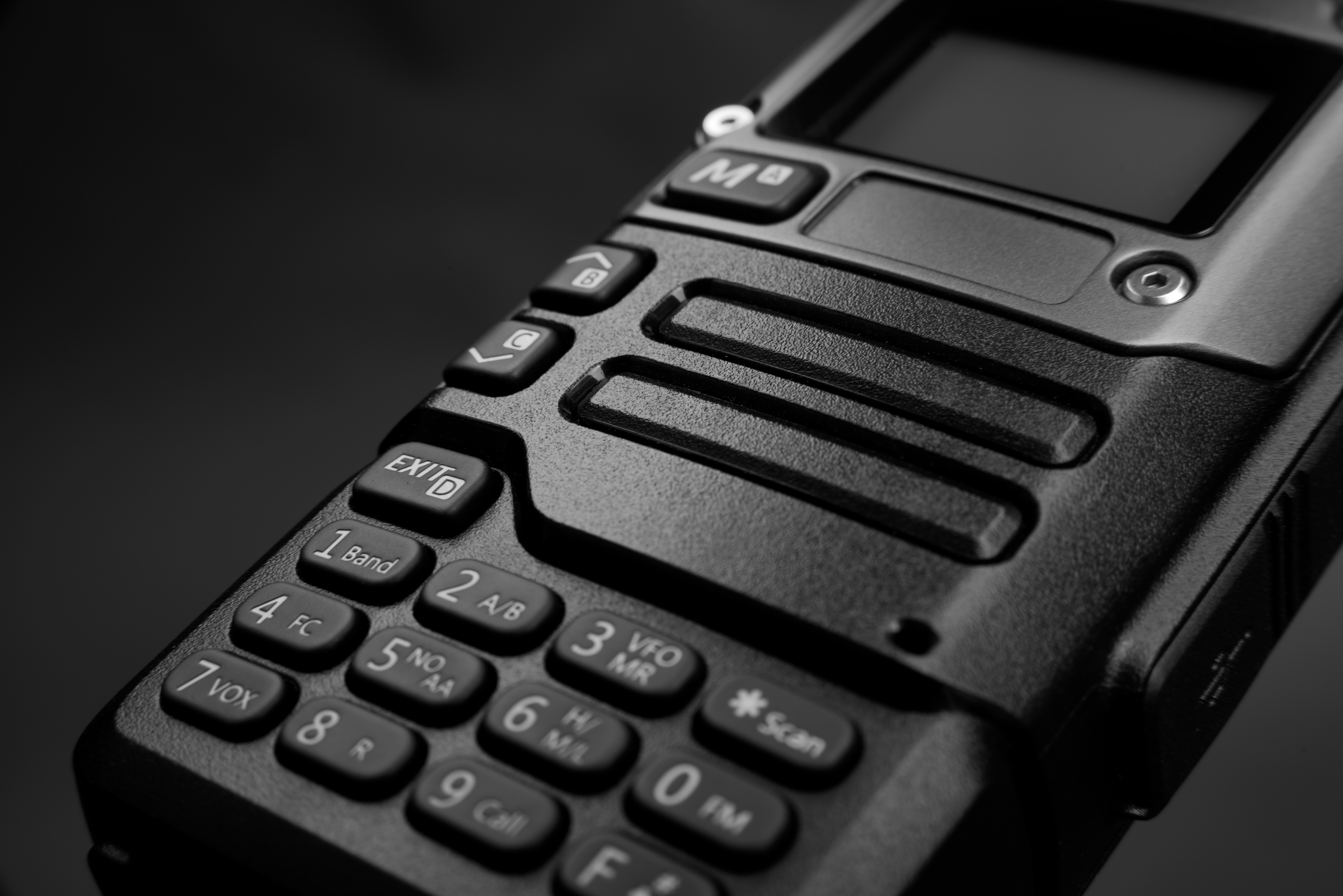 Detail view of the keypad on a black radio