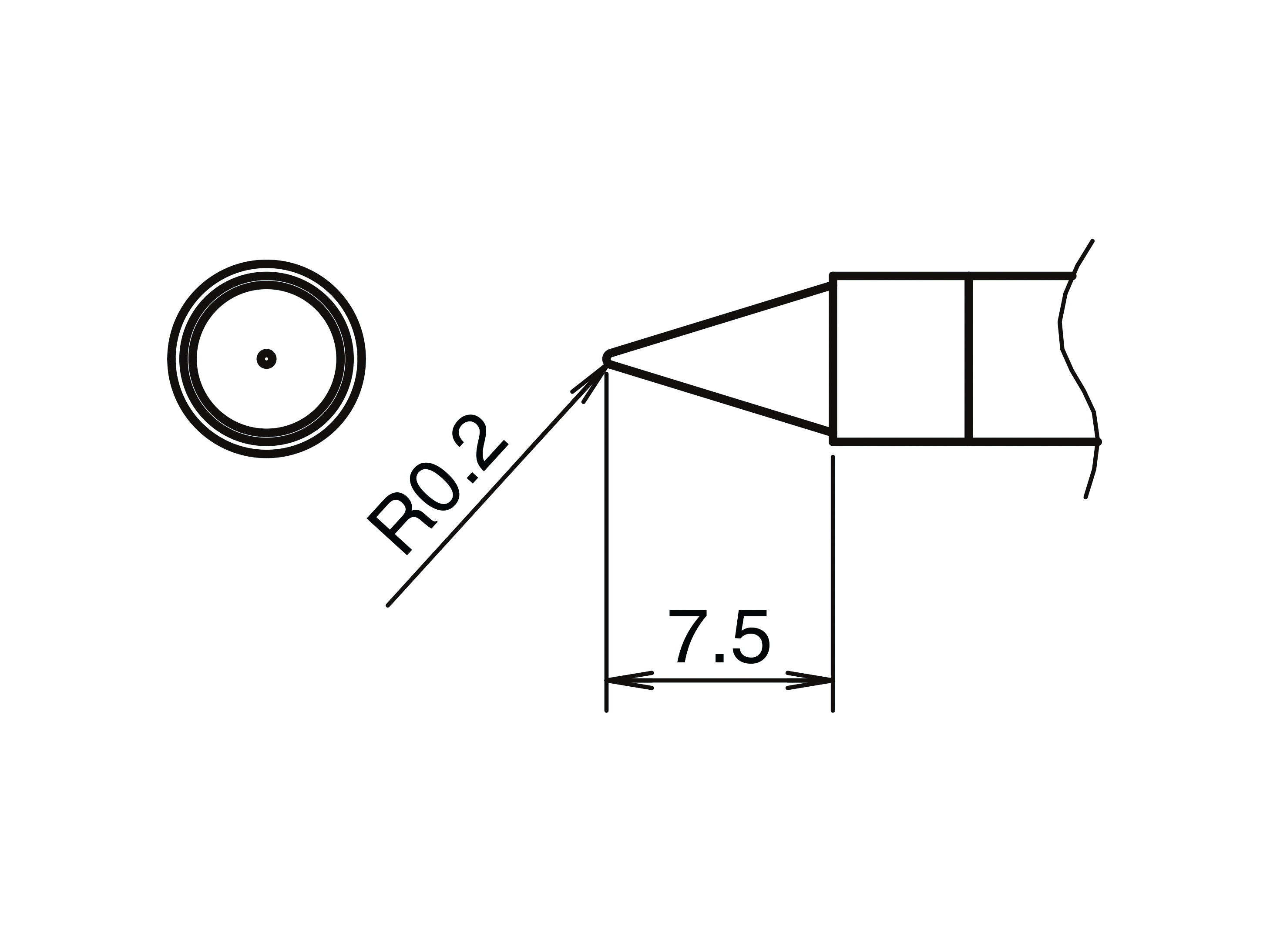 Large technical drawing of Hakko T39-B02 conical soldering tip with all dimensions
