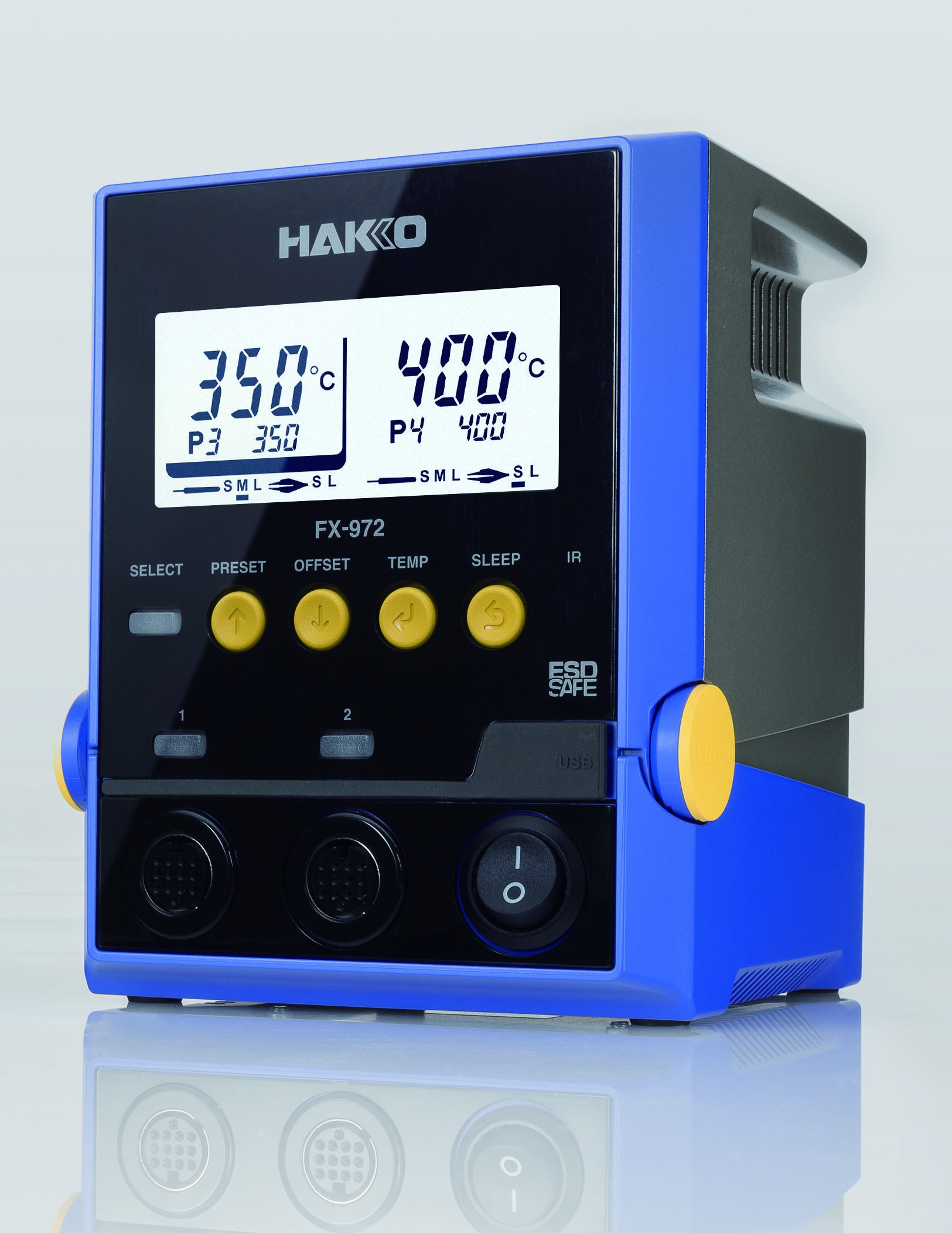 Profile view of Hakko FX-972 dual-port soldering station with silver-gray top
