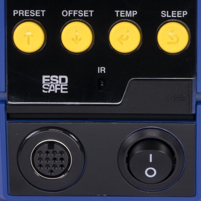 Detail view of Hakko FX-971 soldering station components and controls