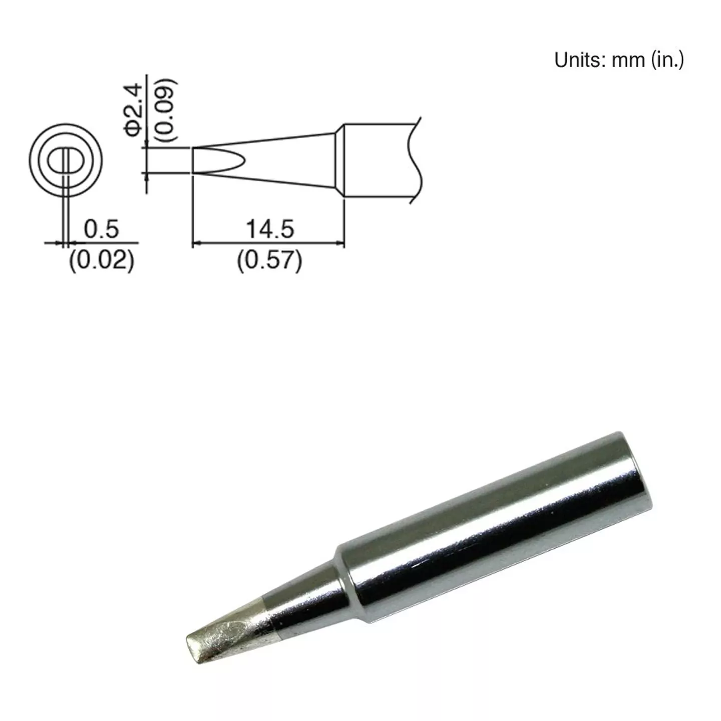 Hakko T18-D24 Meißelspitze von der Seite mit technischer Zeichnung und 2.4mm Durchmesser