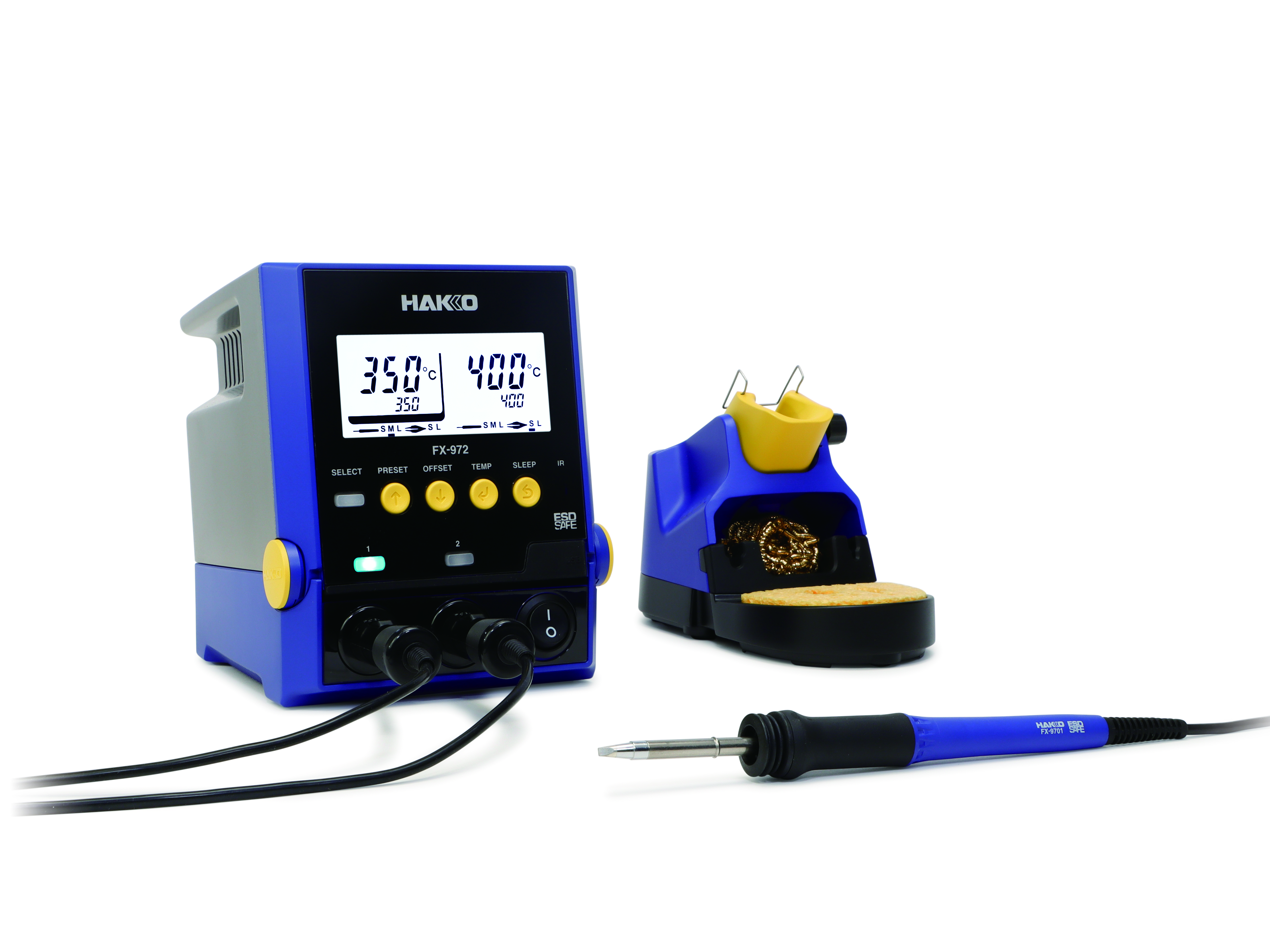 Hakko FX-972 dual-port soldering station with soldering iron holder and FX-9701 soldering iron on white background