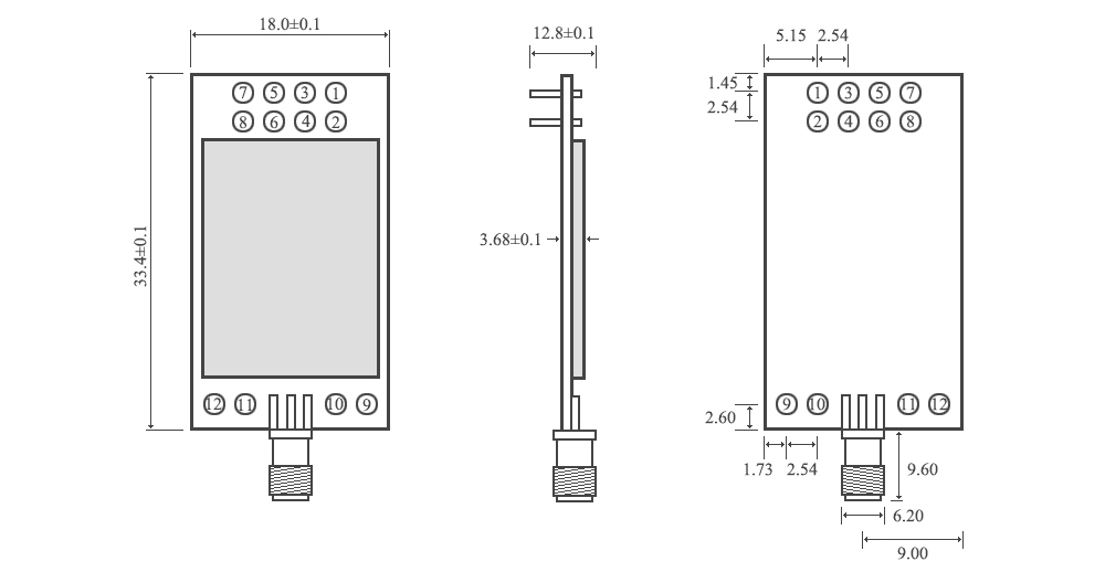  NRF wireless module – technical drawing with all dimensions
