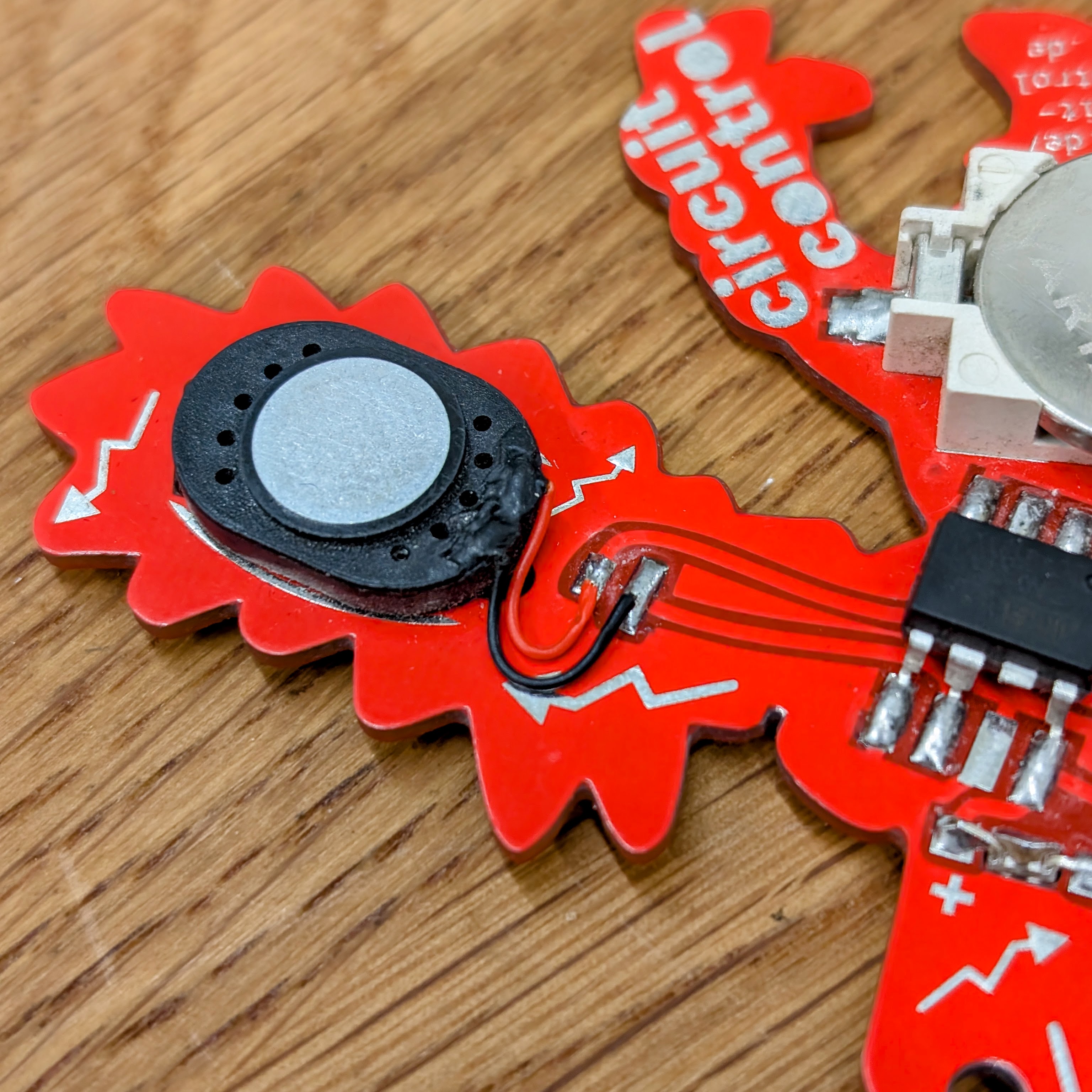  BleepBot detail view – soldered speaker mounted on the circuit board