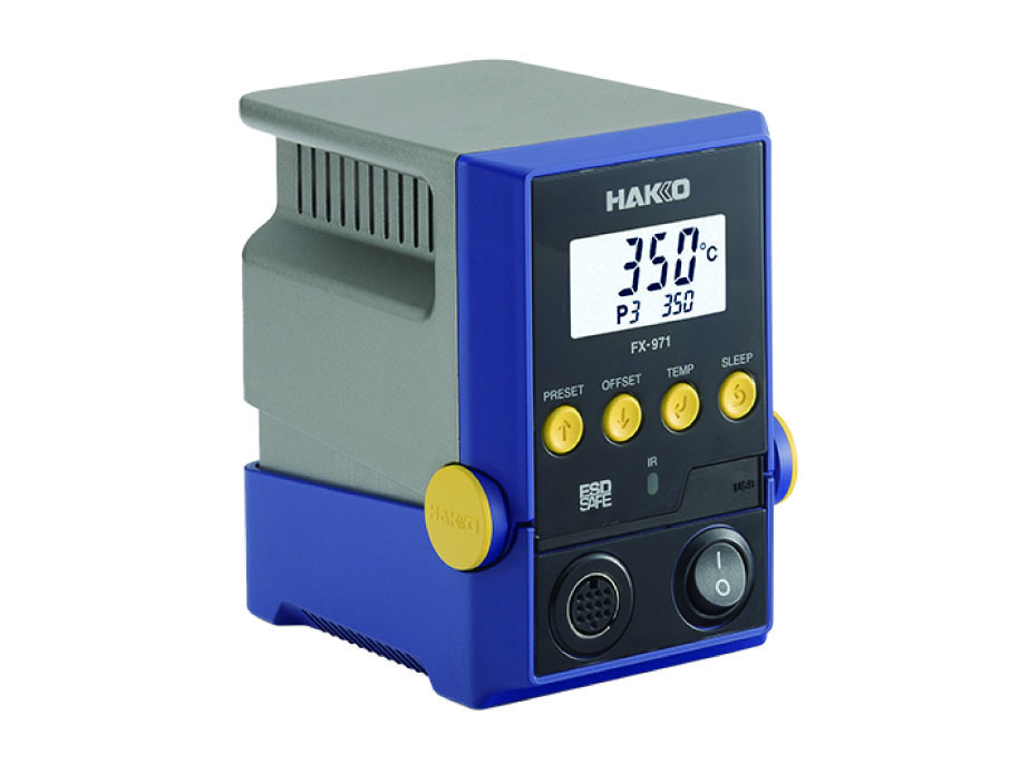 Profile view of Hakko FX-971 soldering station with angled front panel