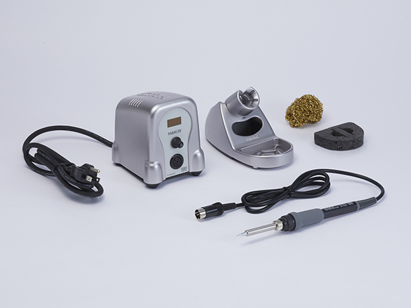 Hakko FX-888DX soldering station with silver-gray casing and orange display showing 350