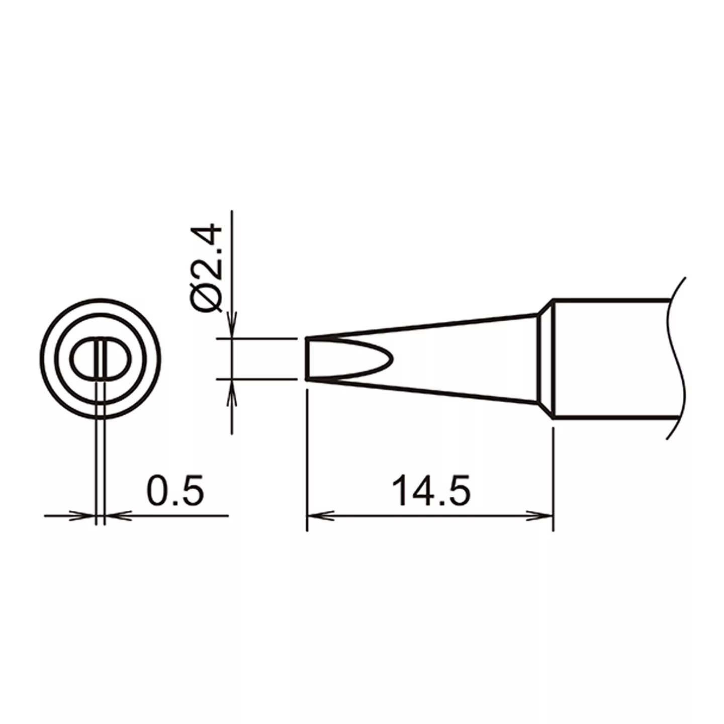 Große technische Zeichnung der Hakko T18-D24 Meißelspitze mit allen Abmessungen