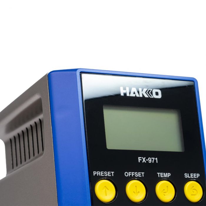 Detail view of Hakko FX-971 soldering station components and controls