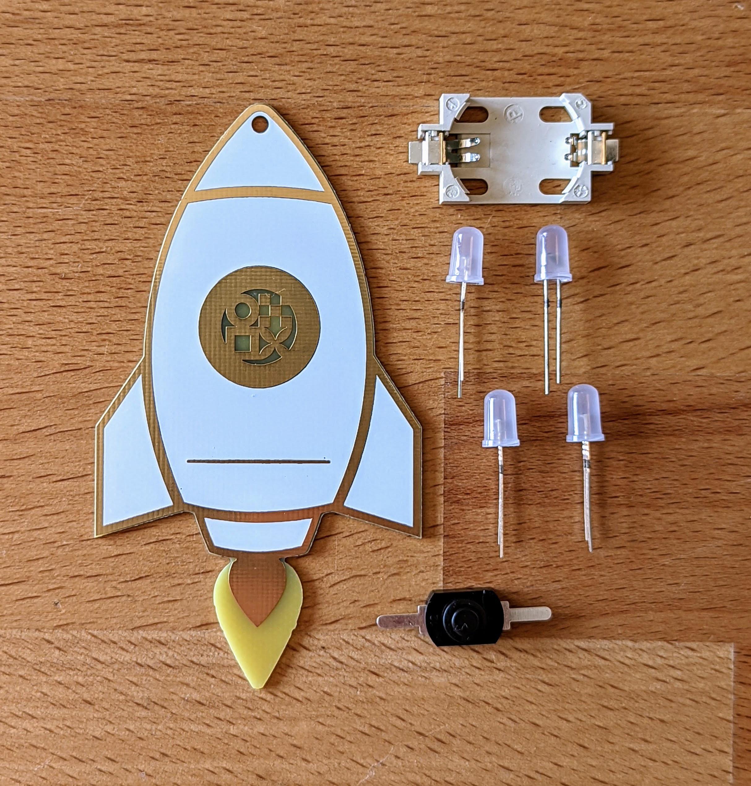 PCB and components of the rocket soldering kit