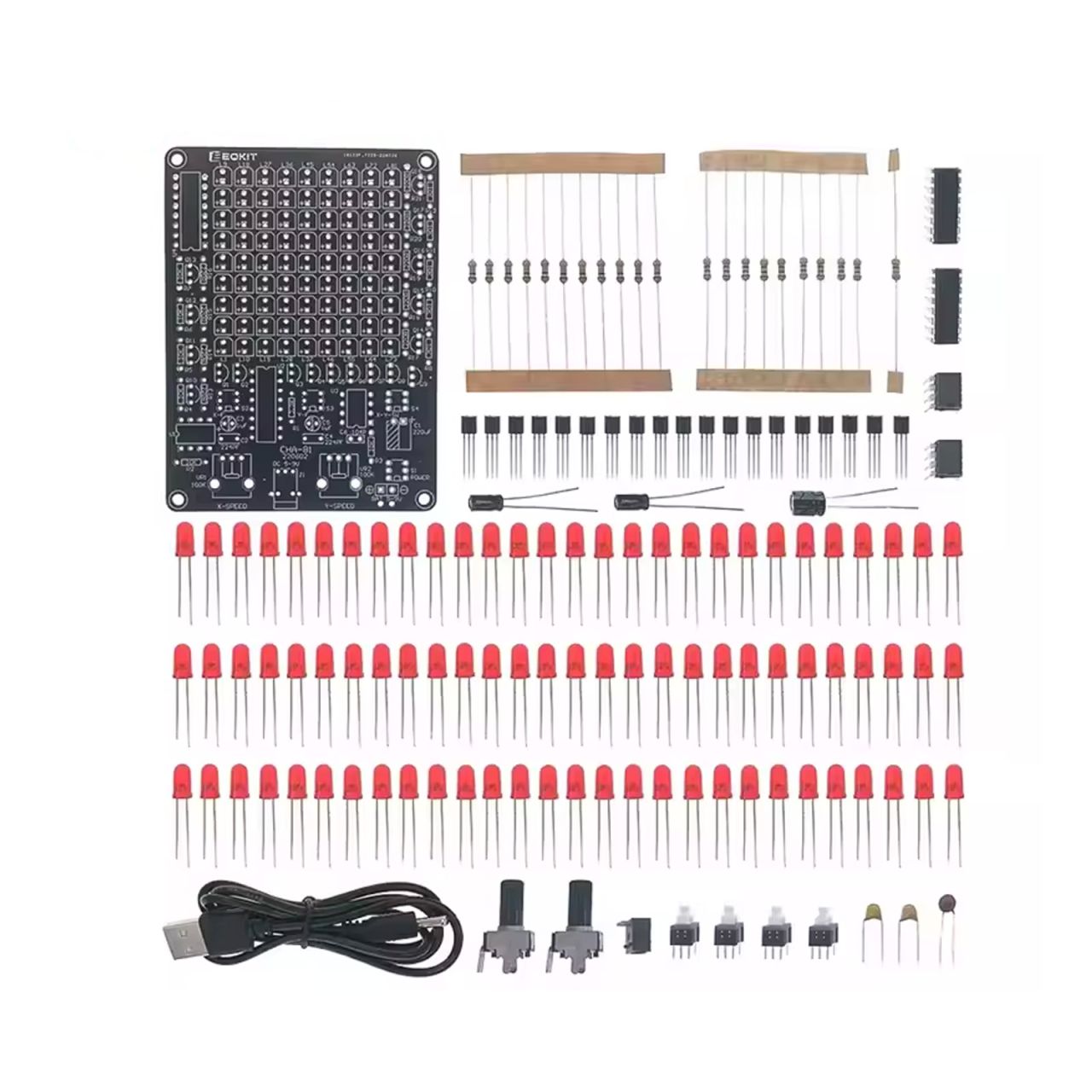 Lieferumfang des CHA-81 LED Lötbausatzes: Leiterplatte, 81 rote LEDs, Widerstände, Transistoren, ICs, Kondensatoren, Taster, Potentiometer und Netzkabel