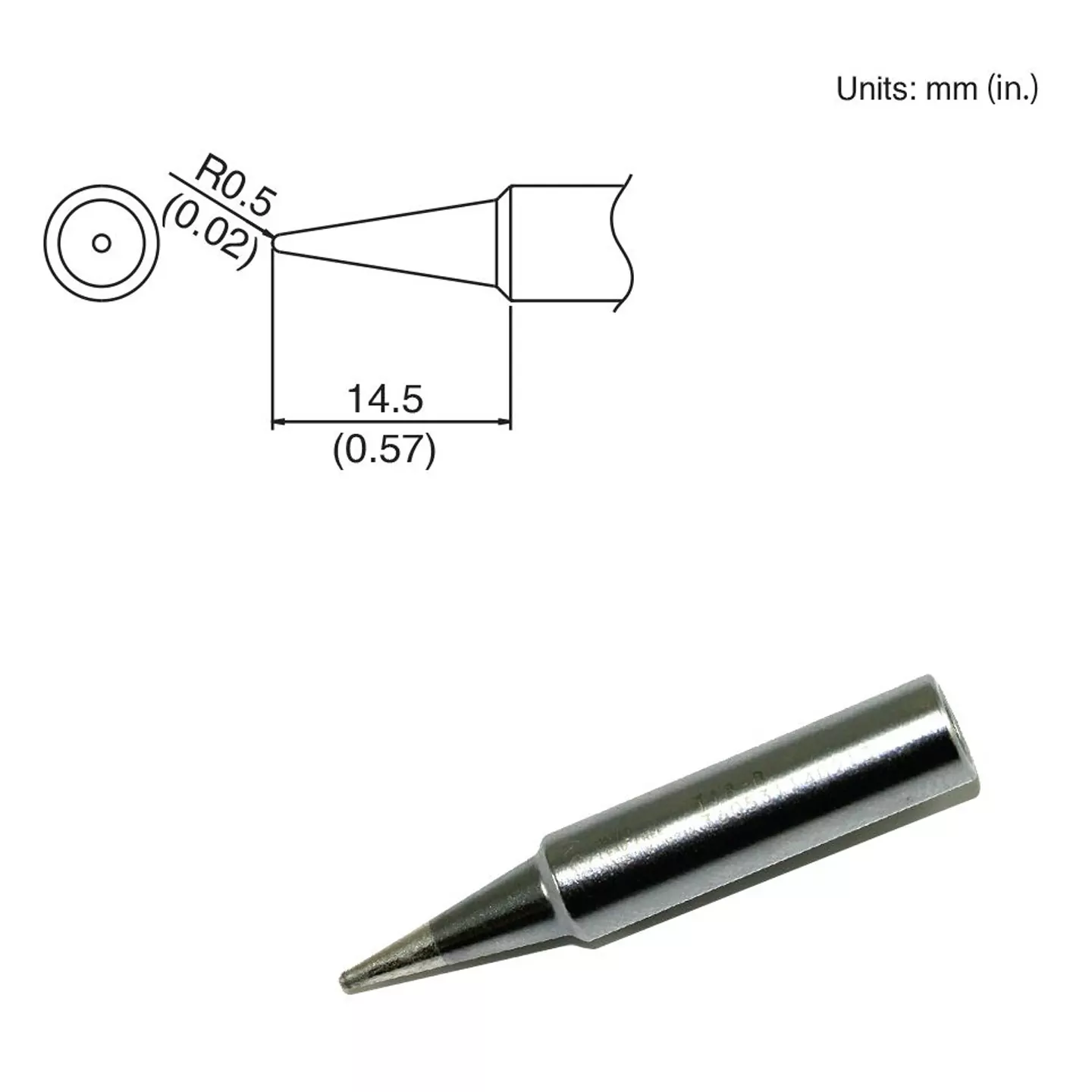 Hakko T18-B konische Lötspitze von der Seite mit technischer Zeichnung und Abmessungen